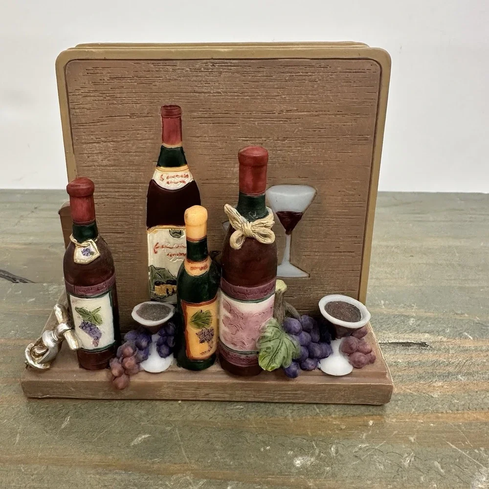 3D Wine Theme Set Of 4 Coasters Resin Holder Grape Vineyard Cork Backing